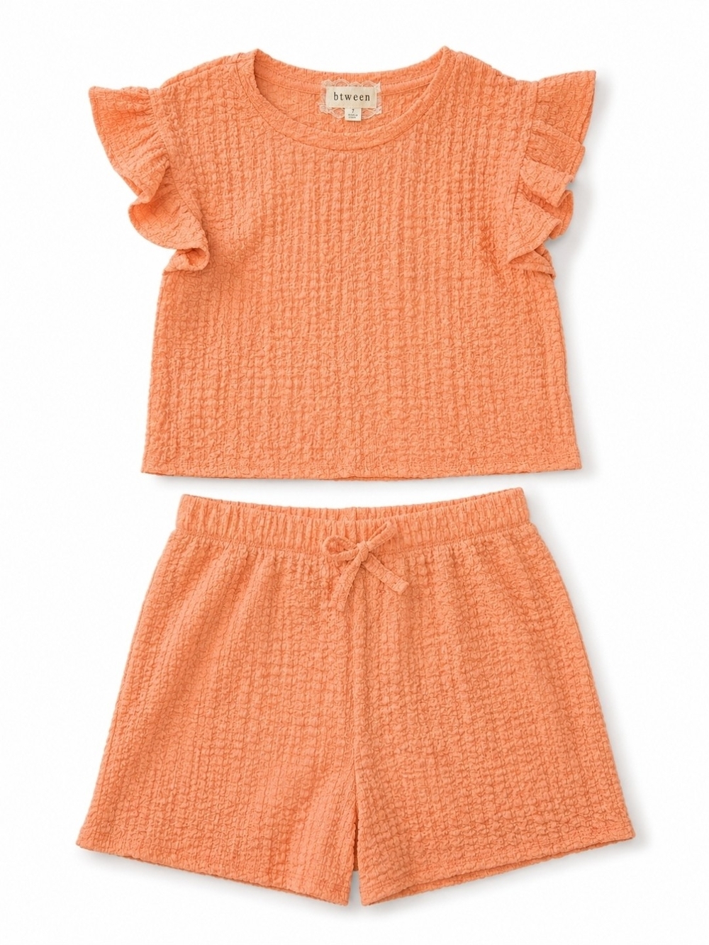 Btween Girls Peach Textured Ruffle Top & Shorts 2-Piece Set Size 7